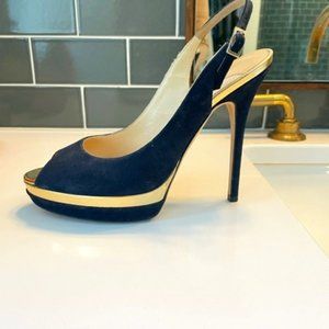 immy Choo Navy Blue Leather Platform Peep Toe Slingback Sandals Size 37